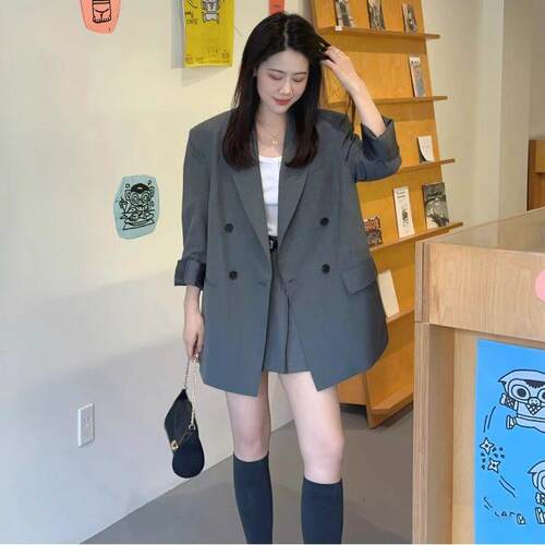 LILY MOST极简风双排扣灰色西装外套女春秋新款时尚百搭显瘦上衣