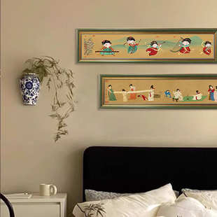 Q版背景墙面遮丑装饰挂件进门入户挂画玄关柜上仕女图横版长条壁