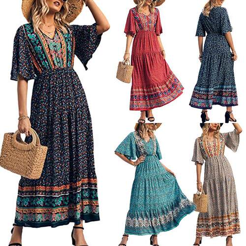 Women'S Casual Summer Floral Print Dress V Neck Short Sleeve