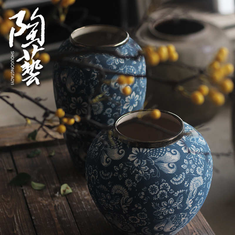 金口干花陶瓷青花花瓶欧式中式花器景德镇台面花插插花复古摆件