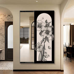 家用隐形推拉镜中古风玄关装饰画可关闭暗藏式全身镜壁画2024新款