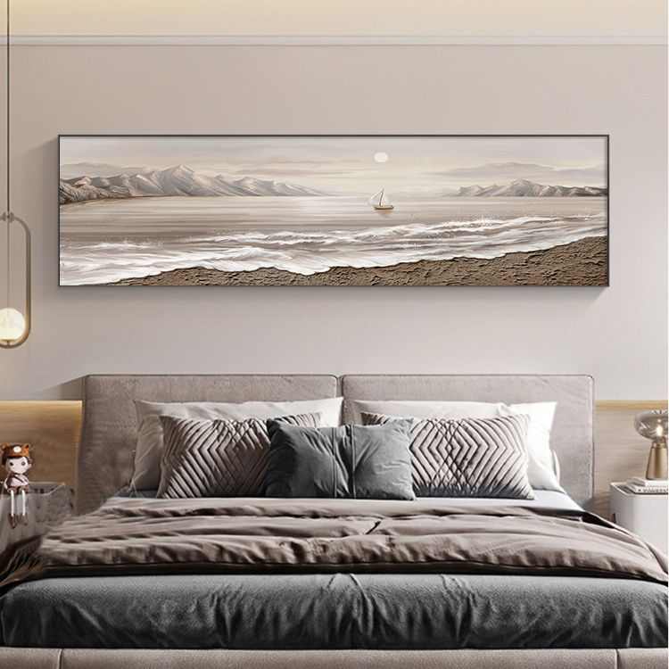 侘寂风卧室装饰画海景帆船床头挂画轻奢高级感横版客厅背景墙壁画