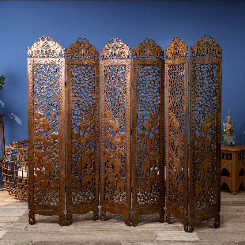 泰国实木双面雕花大象折叠屏风东南亚风格玄关中式仿古折屏隔断