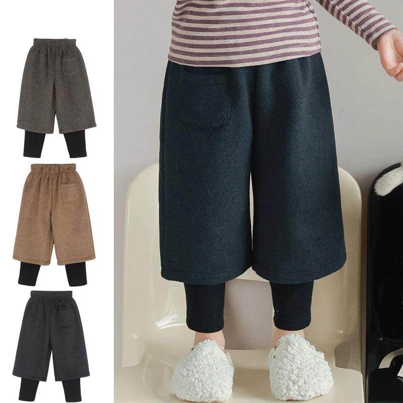 儿童假两件加绒阔腿裤子秋冬季靴裤男女童毛呢加厚长裤打底裤洋气