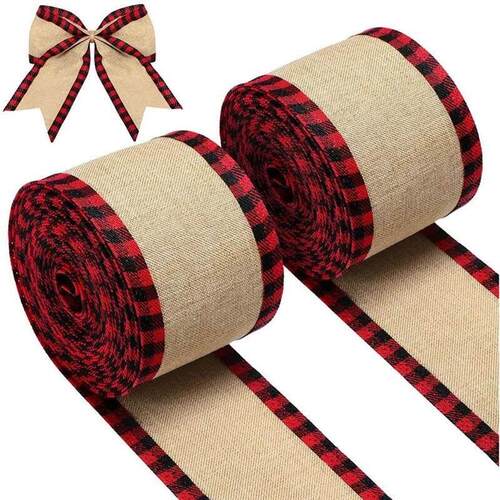 2 Yard Christmas Buffalo Plaid Wired Edge Ribbons Burlap Lac