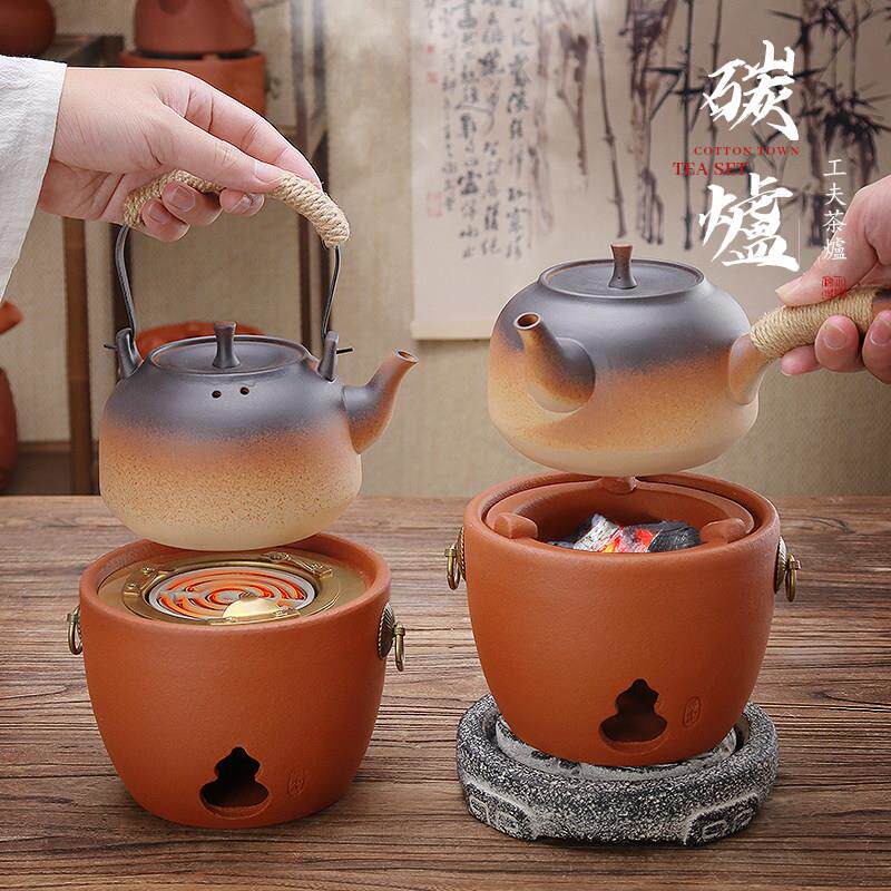 潮州陶瓷茶壶红泥碳电两用炭炉陶土烧水壶围炉煮茶明火直烧泡茶壶