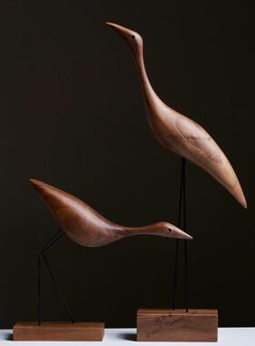 鹤胡桃丹顶鹤饰品实木工艺品新中式家居客厅电视柜创意饰品