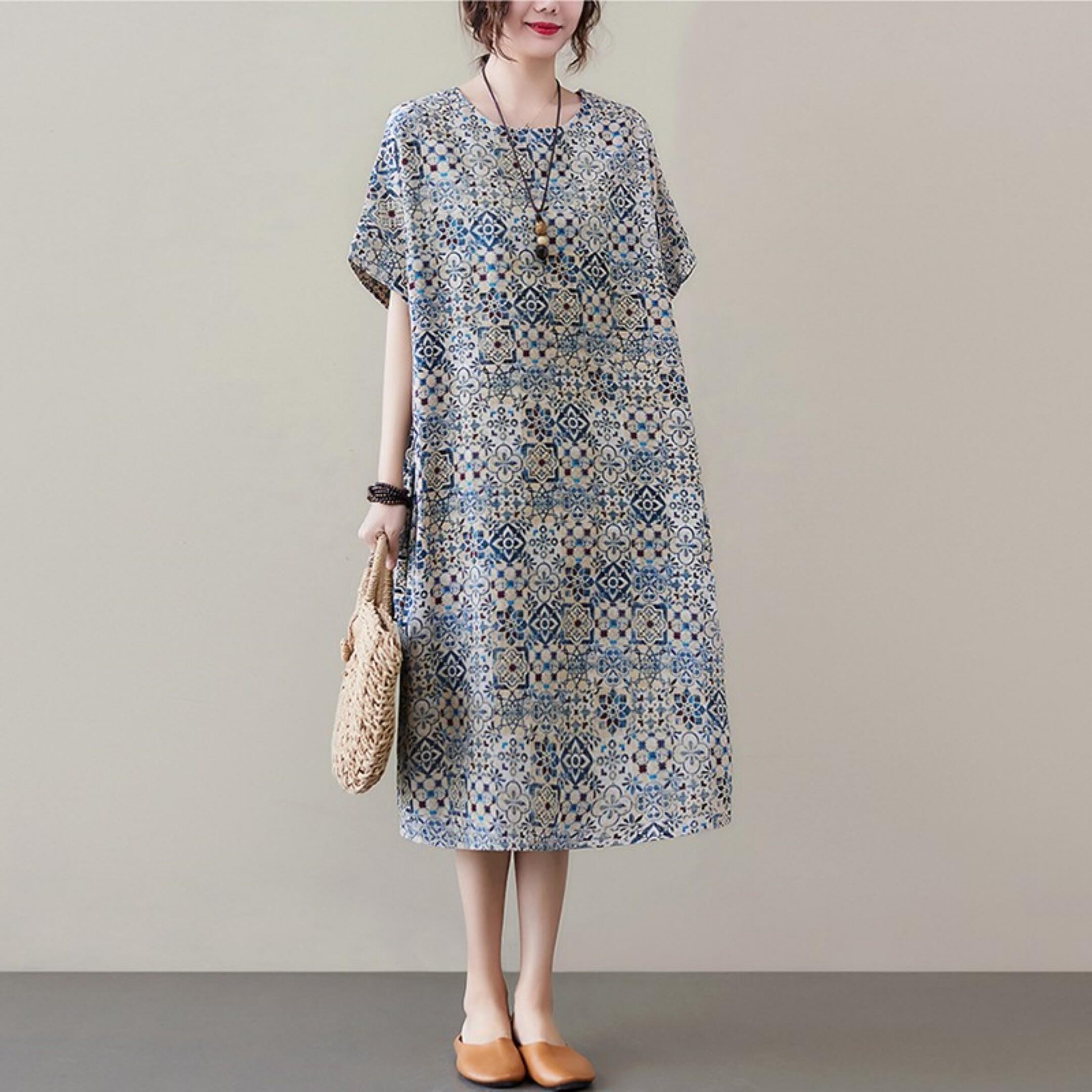 棉麻洋装女2025新款夏季胖MM宽松大尺码显瘦苎麻薄款妈妈中长裙子