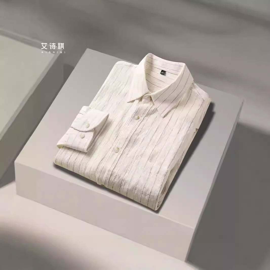 亚麻衬衫男长袖条纹高级感商务休闲上班秋冬季季西装内搭打底衬衣
