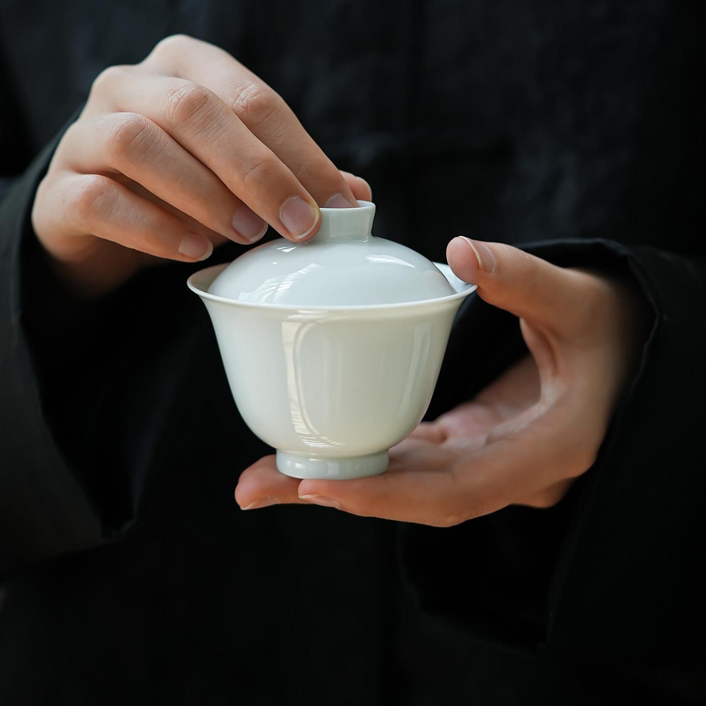 火火的茶室 景德镇白瓷盖碗薄胎不烫手内绘诗文二才岩茶盖碗100ml