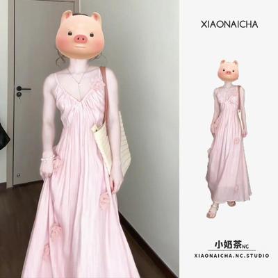 度假风粉色花朵v领吊带连衣裙女夏季新款沙滩海边收腰仙女长裙子