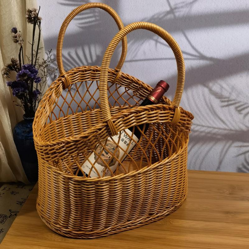 买菜手提篮春游户外野餐藤编塑料露营洗澡竹编菜篮编织篮采摘篮子