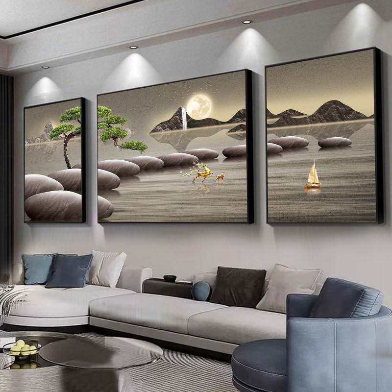 时来运转客厅装饰画 画沙发背景墙挂画 画轻奢山水画 画三联画 画