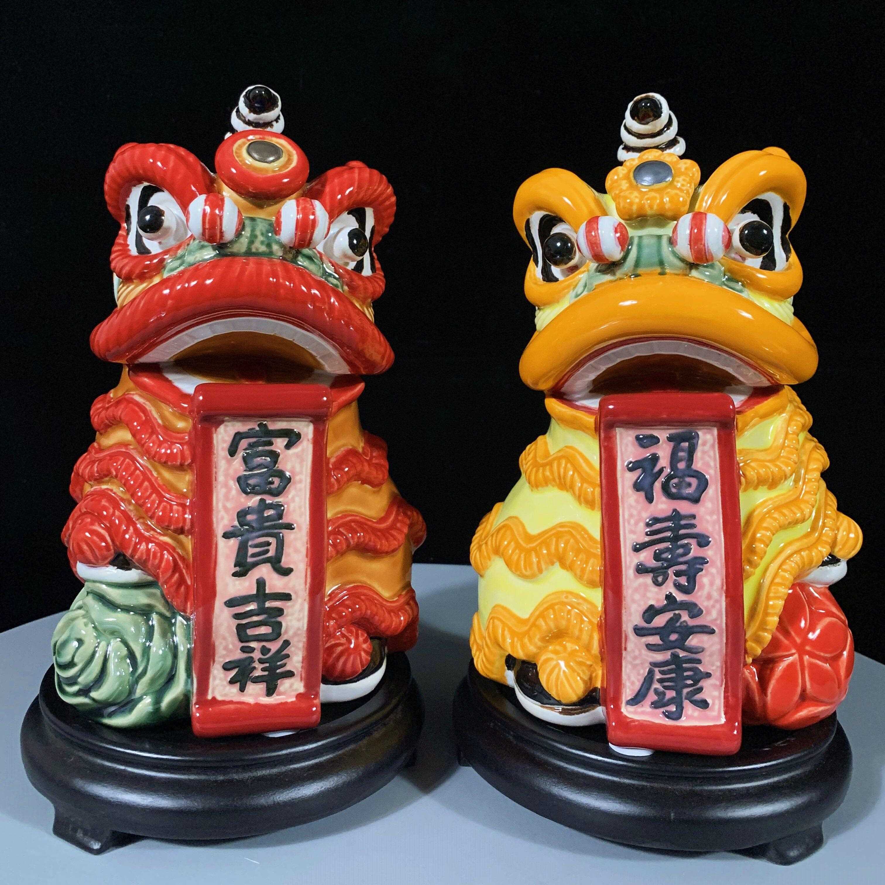 佛山石湾手工陶瓷中式醒狮摆件 电视柜装饰舞狮 庆祝开业新居送礼