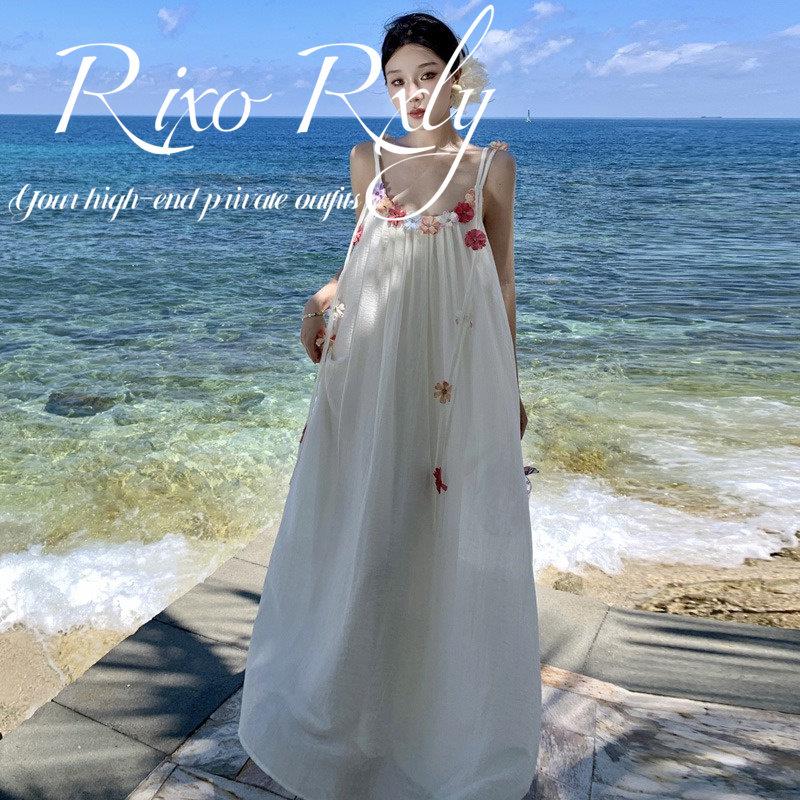 RIXO RXLY法式立体花朵吊带洋装女夏季小众设计感海边度假长裙