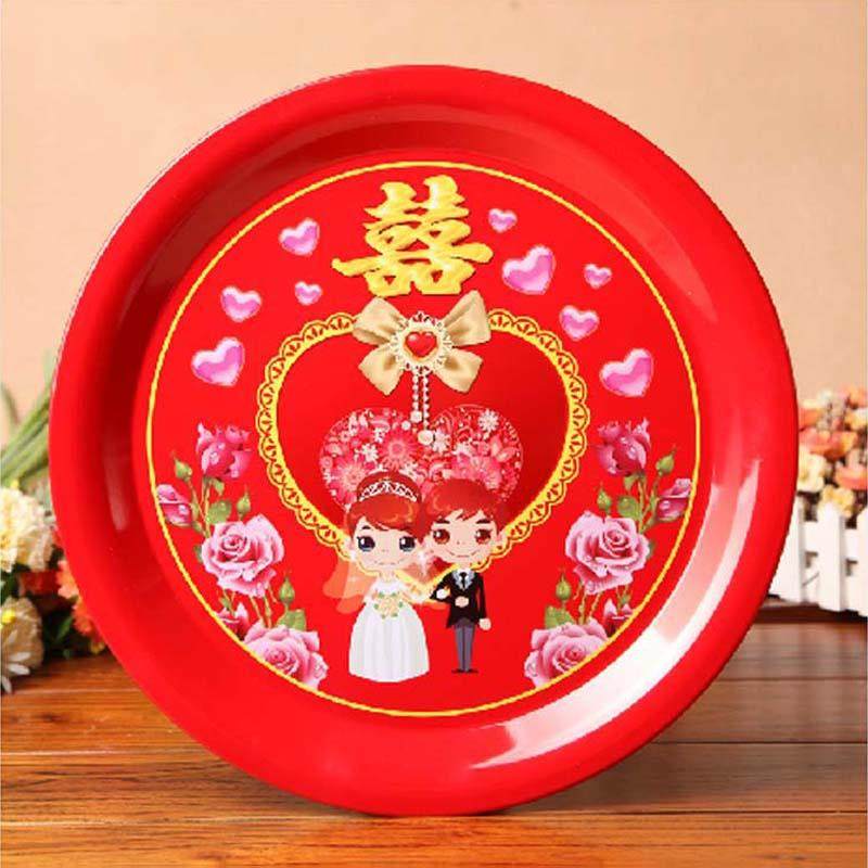 不锈钢大号红方盘婚庆结婚果盘方形托盘瓜子糖果水果盘红色茶盘
