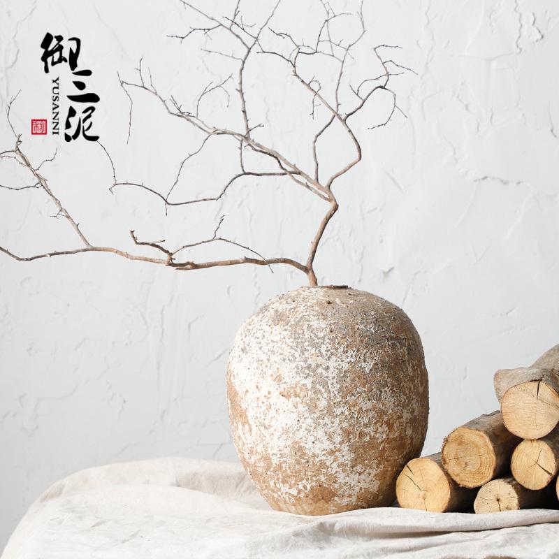 复古茶室禅意手工小口粗陶花器做旧陶罐陶艺干花球形花瓶民宿文艺
