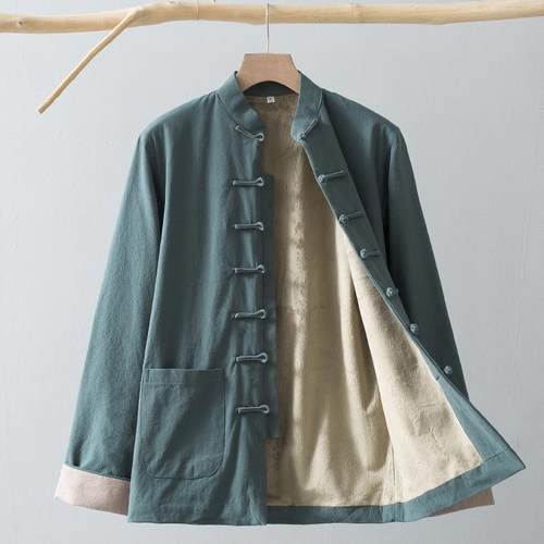 高档绒秋风冬季唐装男服纯棉加长袖外套中国中式装中老年薄款棉衣