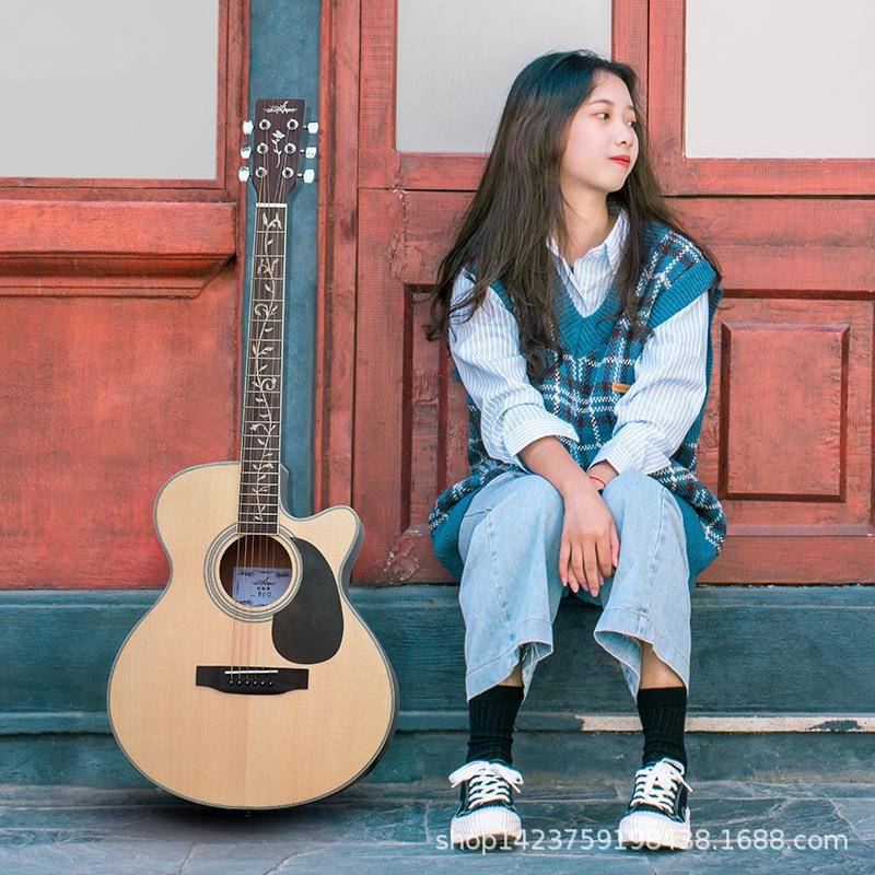 guitarist吉他40寸民谣木吉他单板云杉桃花心缺角演奏演出
