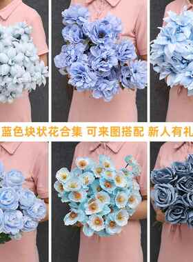 蓝色仿真花婚庆装饰路引婚礼假花人造花洋牡丹摄影道具玫瑰花浅蓝