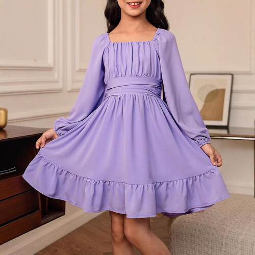 Womens Dress Long Lantern Sleeve Square Neck Elastic Waist
