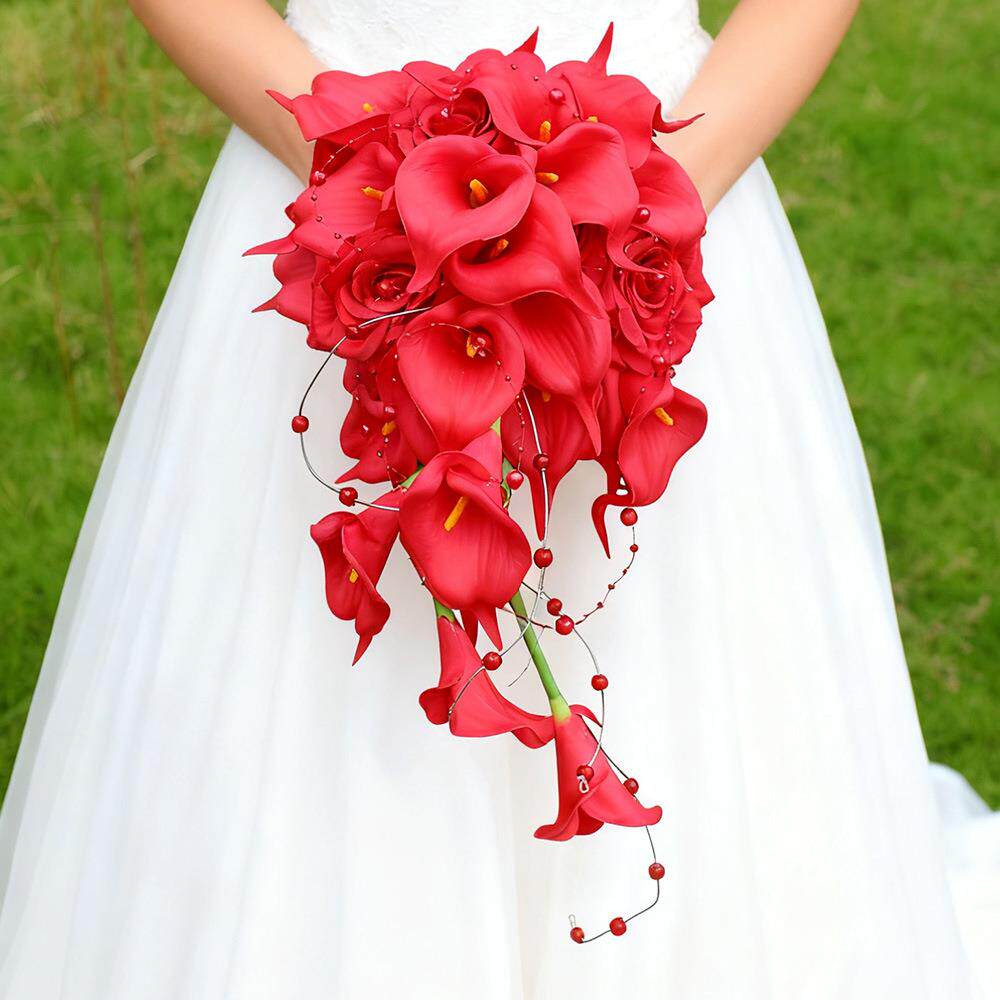红色仿真马蹄莲玫瑰瀑布手捧花婚礼新娘带珠装饰假花婚庆摄影道具