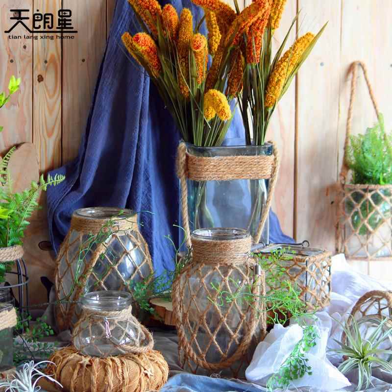 天朗星家居田园麻绳编网玻璃花器麻绳富贵竹水培玻璃瓶子玻璃风灯