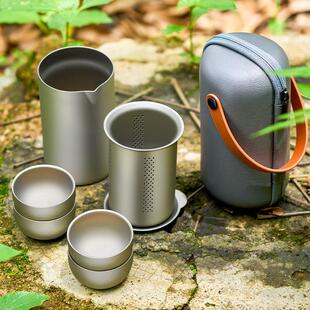 便携旅行纯钛茶具套装茶杯双层功夫泡茶器户外露营钛合金快客杯子