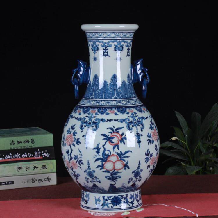 纯手工制作青花釉里红大号将军罐带盖 玄关柜台中式装饰品批