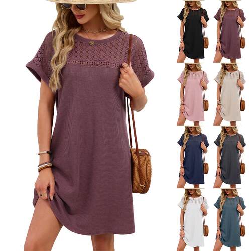 Round neck lace patchwork short sleeved dress