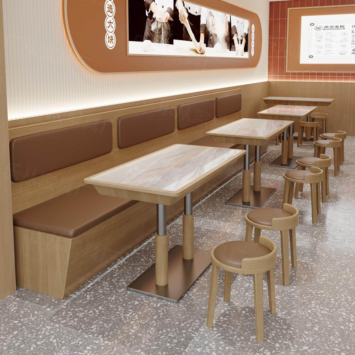面馆米村拌饭汉堡螺蛳粉店卡座桌子凳子带抽屉餐桌餐饮连锁店桌椅