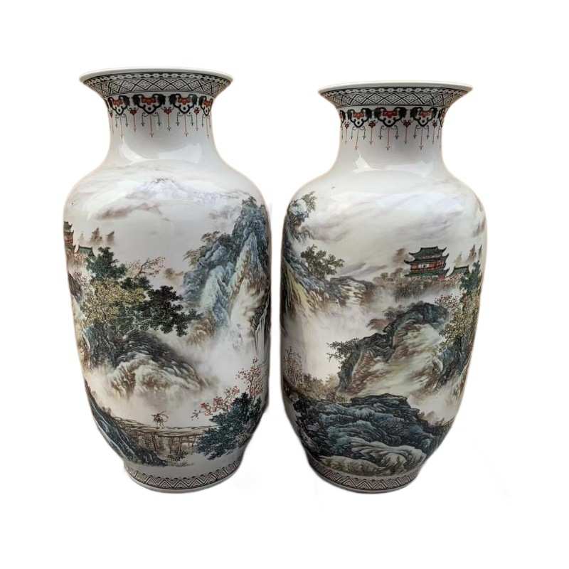 陶瓷落地大花瓶釉上彩雪景图大号冬瓜瓶装饰礼品庆典陶瓷摆件批发