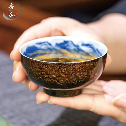 吾和漆器茶具 福州非遗大漆内绘山水主人杯 手工飘漆青花碗式茶杯