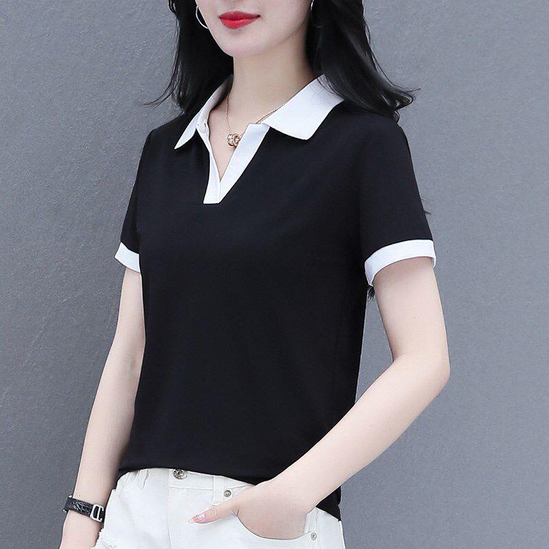 黑色翻领短袖t恤女夏天女装2025新款夏季小个子冰丝速干v领上衣