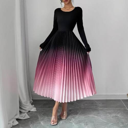 Women's Ombre Print Pleated A Line Dress  Elegant Long