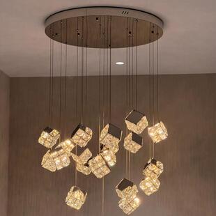 魔方楼吊梯灯复式 楼旋晶转墅楼梯间超长吊灯轻856奢别客厅艺术水