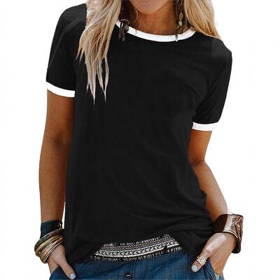 Women's Contrast Trim Crew Neck Fitted Basic Tee Casual