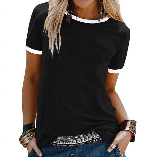 Women's Contrast Trim Crew Neck Fitted Basic Tee Casual