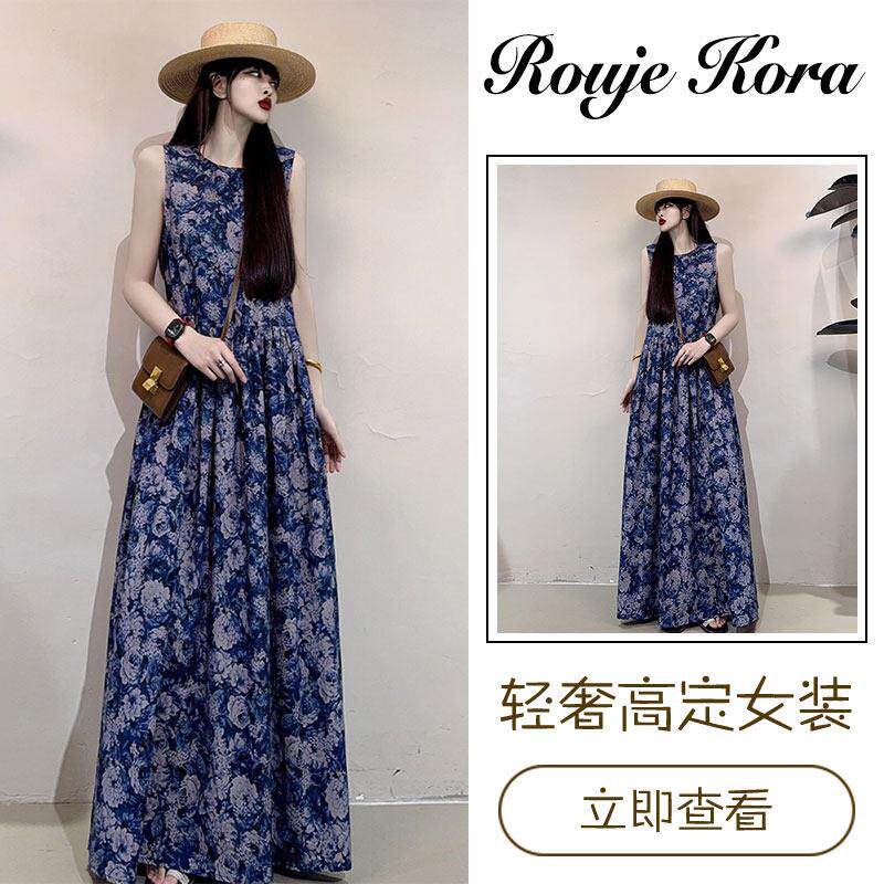 Rouje Kora法式复古无袖连衣裙女夏季印花显瘦长裙及踝圆领背心裙