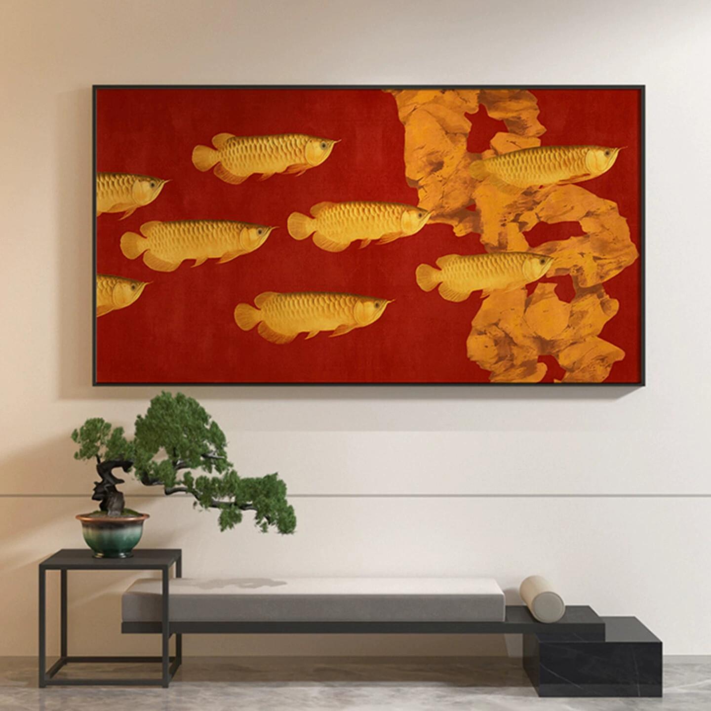 新中式九鱼图玄关装饰画招财金龙鱼沙发背景墙挂画高级感横版壁画