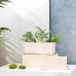 简约素烧长方形花盆透气吸水白陶土长条粗陶瓷器带托植物多肉绿植