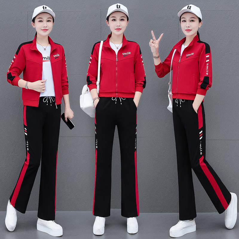 新款立领开衫微喇叭裤运动服套装女2024春秋广场舞跳舞团购宽松三