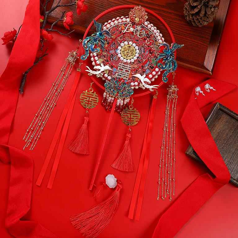 双面新娘扇子中式秀禾比翼双飞结婚手捧喜扇diy团扇材料包却扇