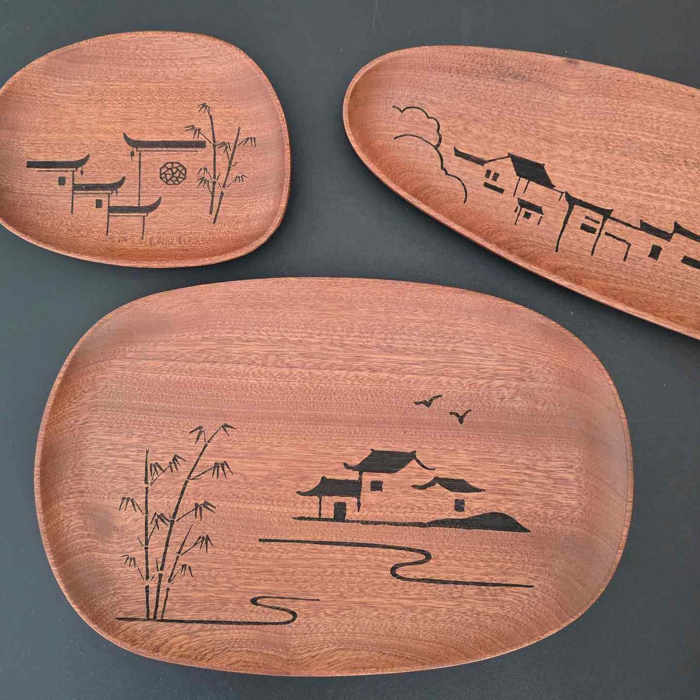 实木盘子不规则托盘碟子创意图案木质茶盘乌檀木点心坚果盘新中式