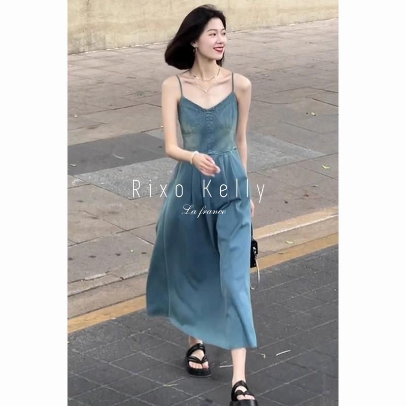 Rixo Kelly小个子V领牛仔吊带连衣裙女夏季复古收腰显瘦长款裙子