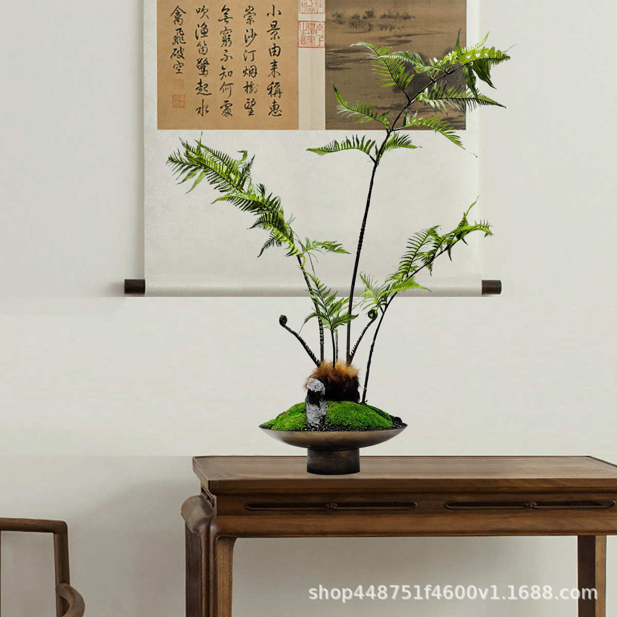 新中式仿真花艺苔藓摆件金属花器酒店样板间客厅售楼处绿植装饰品