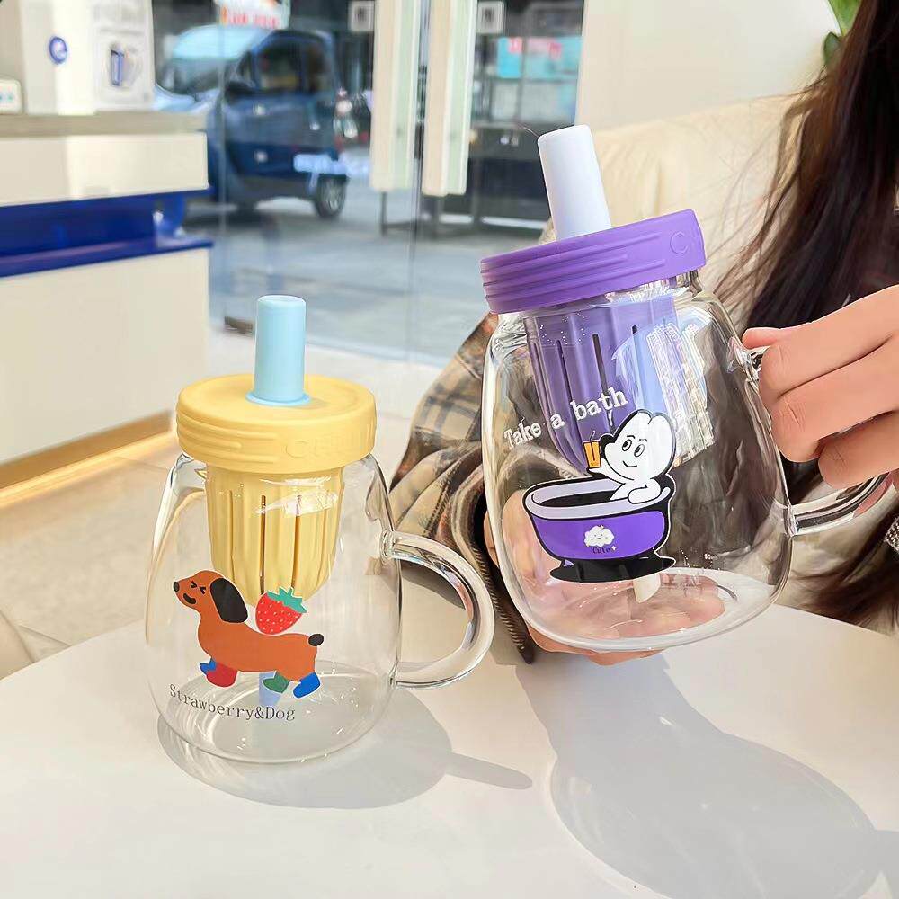 大容量办公单层高硼硅玻璃杯子卡通茶壶吸管水杯高颜值牛奶把手杯