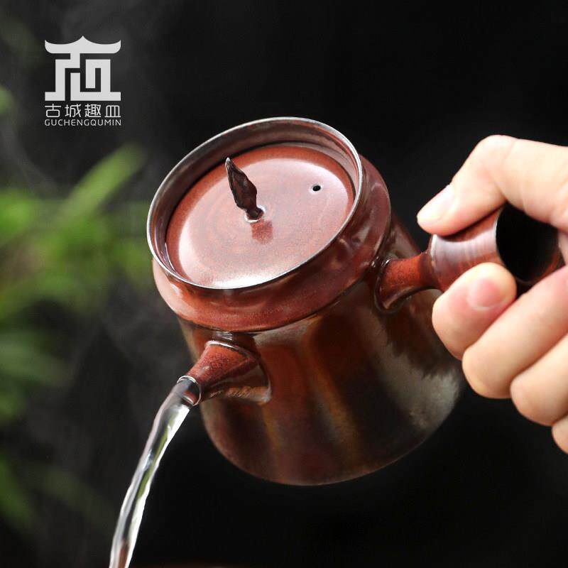 明德园手拉中式红泥竹节泡茶砂铫煮茶烧水侧把陶壶小型黑晶炉套装