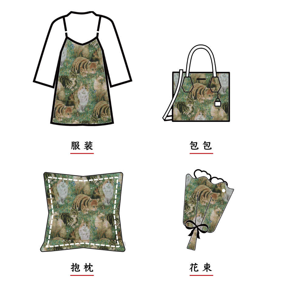 惬意感草丛小猫咪提花面料可爱卡通风女装箱包厚实粗纺地毯沙发布