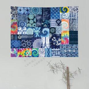 民族风蓝色扎染花纹墙面幼儿园装饰挂布民宿饭店餐厅室内棉麻定制